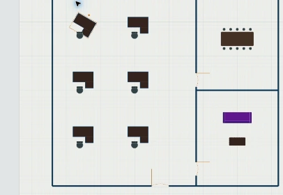 Close view of desks, chairs, meeting table and lounge from the same fictional iBuilder demonstration.