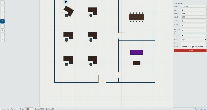 Cropped real iBuilder screenshot showing six workstations, a meeting area and lounge in a fictional demonstration project.